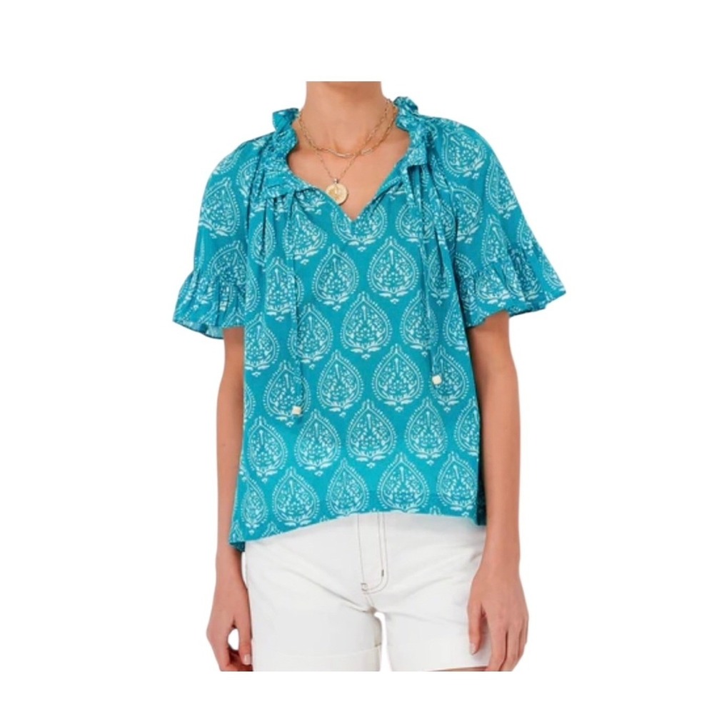 Tuckernuck Tropical Teal Lantern Block Print Cassis Top Size M
